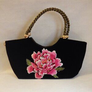 Medusa Black Velour Purse Pink Flower Floral Embroidery Gold Bronze Trim Handbag